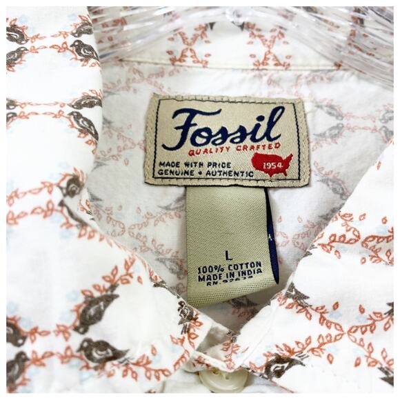 Fossil Button Down Floral/Bird/Vine Print White/Brown Long Sleeve Shirt - Picture 2 of 7